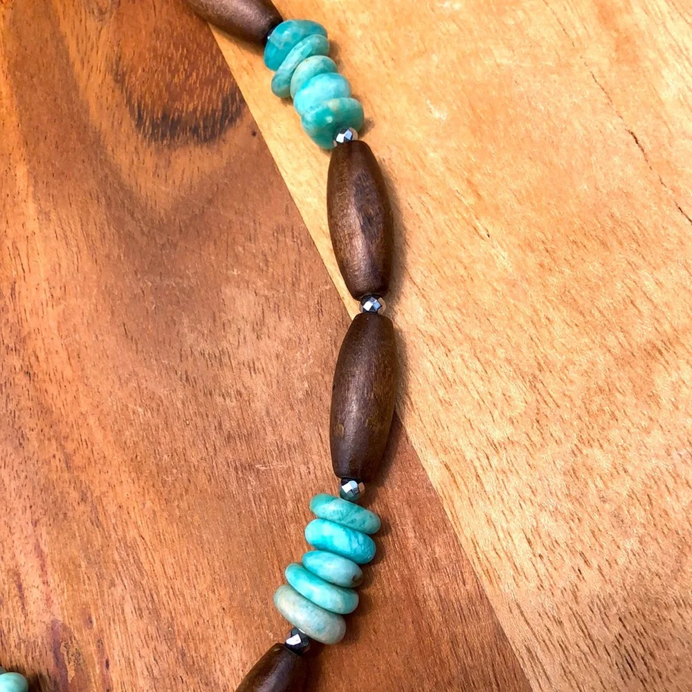 Blue turquoise & wood beaded necklace 11” with a 2” extender